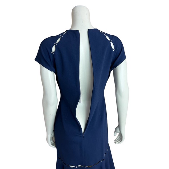 NEW Jonathan Simkhai Stapled Crepe Dress Slashed Blue Flounce Hem Cutout Slit 6 - Picture 10 of 12